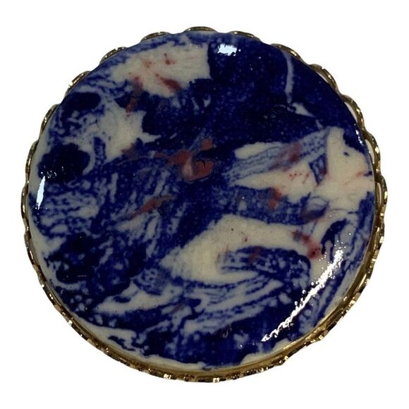 Vintage Blue Spongeware Swirl Cobalt Blue Abstract Brooch Pin Victorian - Picture 1 of 3